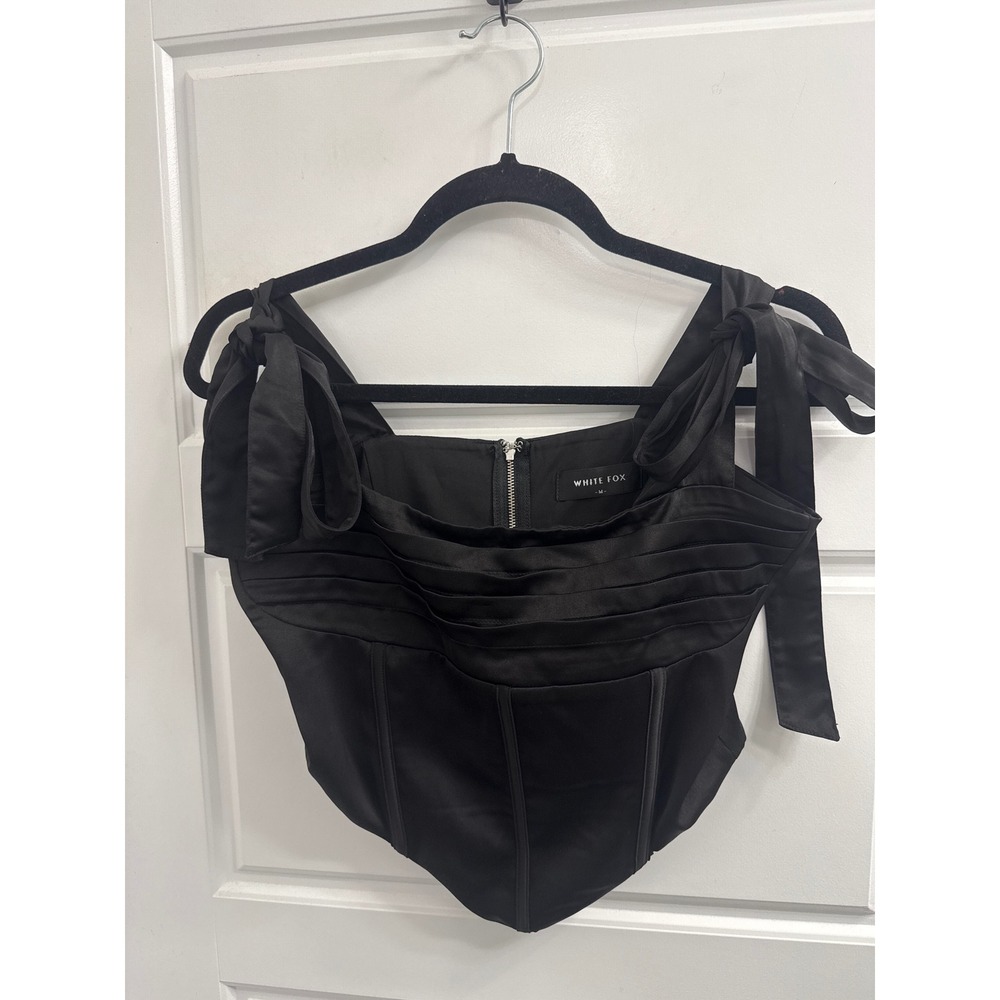 White Fox Black Satin Corset Top Tie Shoulder Pleated Bust Cropped Bodice Medium